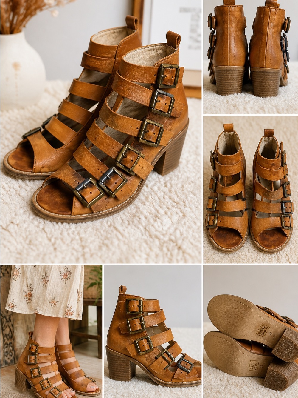 Free people leather gladiator heels size 8 boho strappy buckle sandals